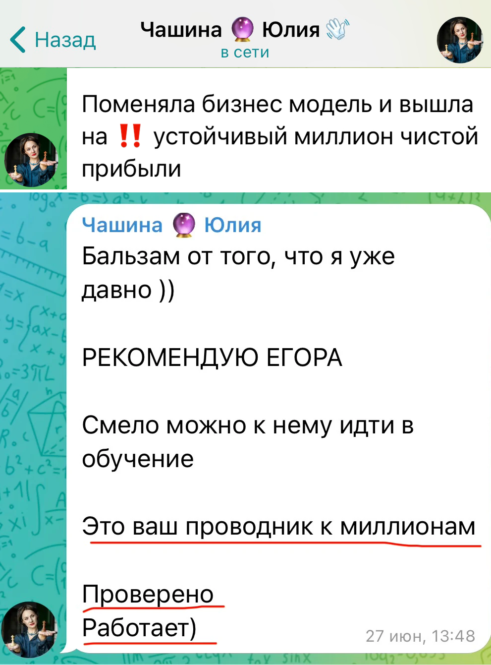 Юлия Чашина: поменяла бизнес-модель и вышла на устойчивый миллион чистой прибыли. Рекомендую Егора — проводник к миллионам, проверено, работает